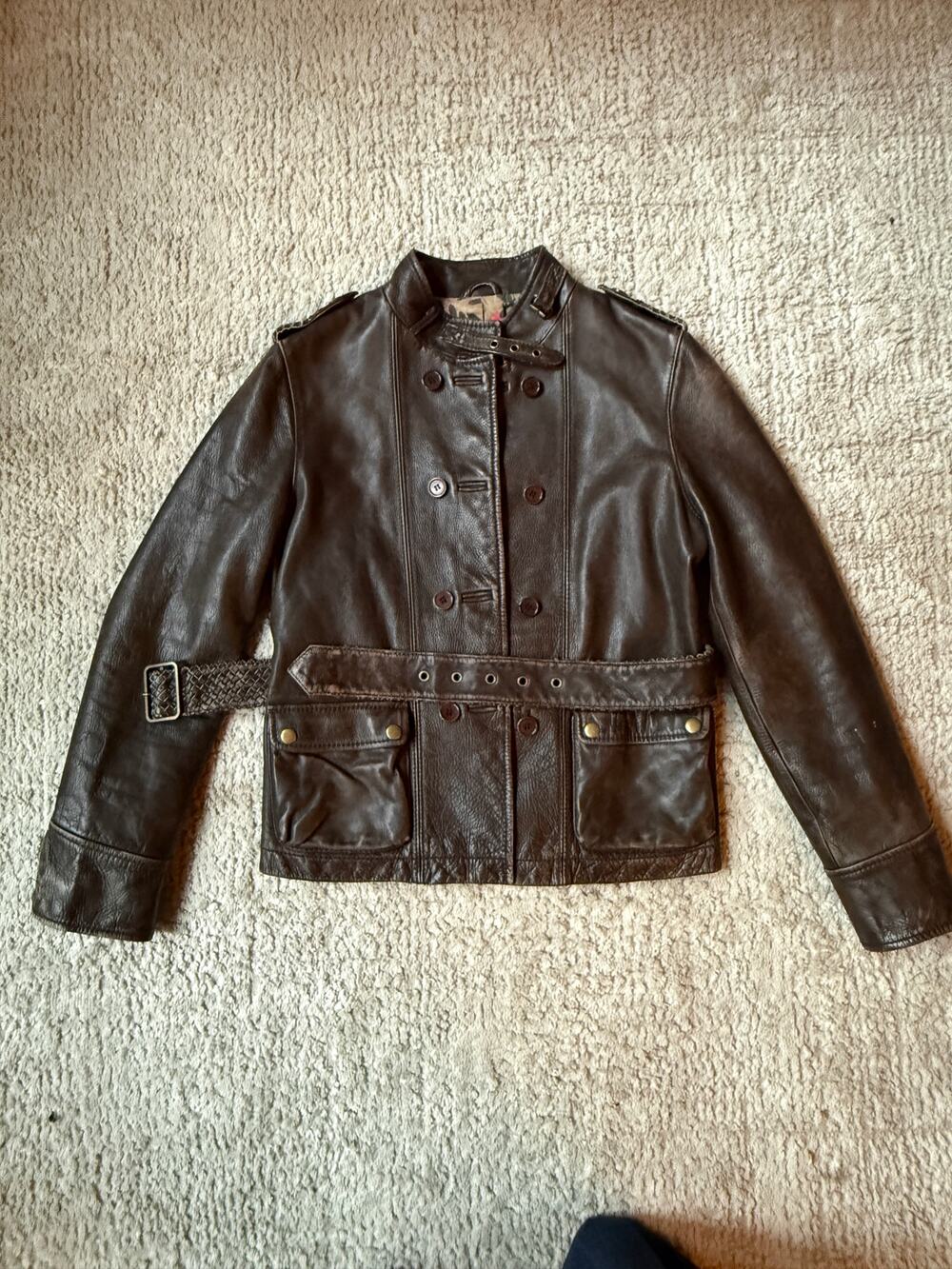 Pringle of Scotland brown leather belted jacket.